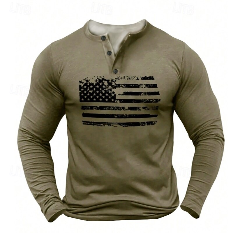 Men's American US Flag Henley Shirt T shirt Tee Long Sleeve Vintage Fashion Comfortable Casual Daily Spring &  Fall Matt gray Black Khaki Light Grey Henley Henley T-Shirt