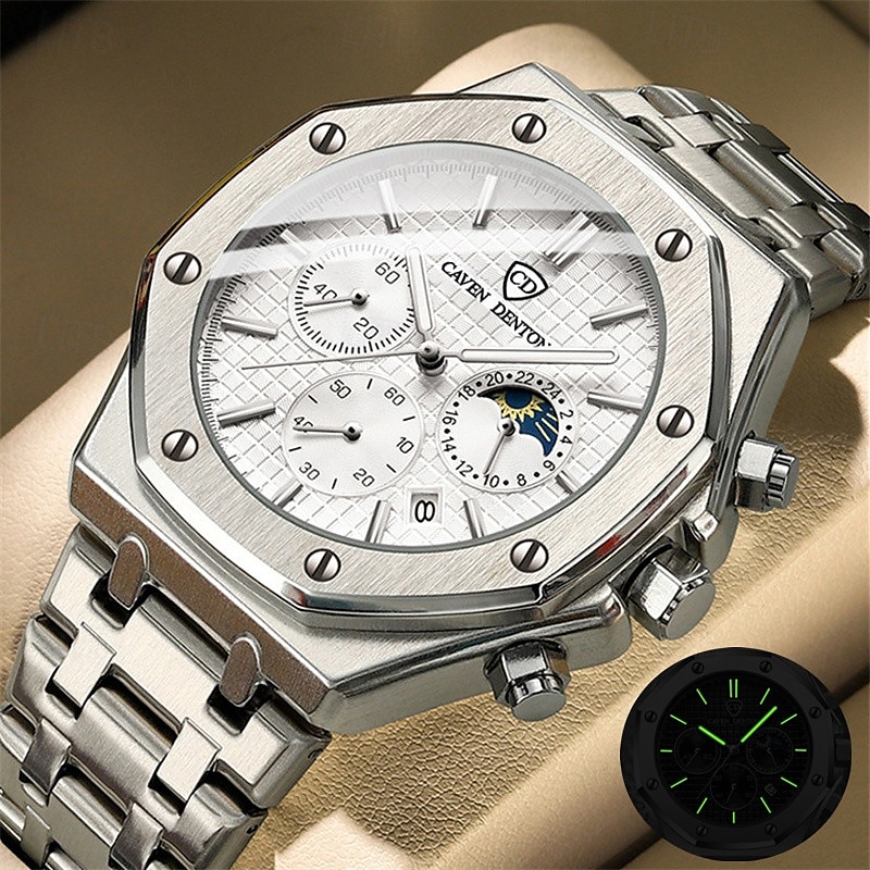 New Steel Belt Calendar Luminous Three-Eye Six-Hand Multifunction Moon Phase Multi-Function Men'S Business Watch Simple Waterproof Casual Sports Watch