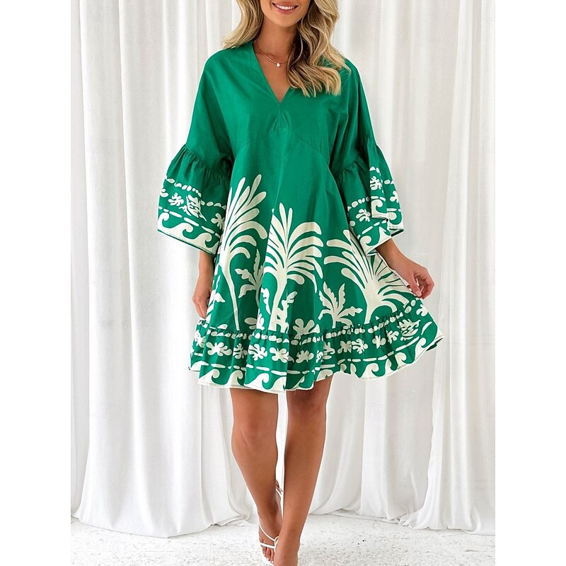 Women's Mini Dress Petite Dress Casual Dress Boho Dress Vintage Casual Vacation Daily Regular Fit Floral 3/4 Length Sleeve V Neck Green Spring Fall3