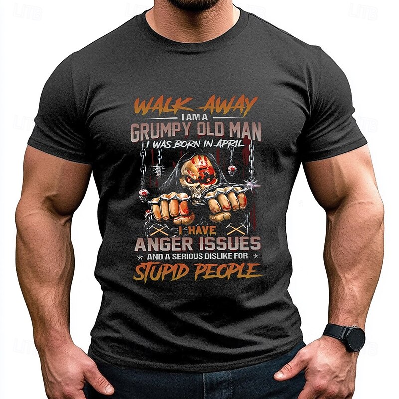 Men's Grumpy Old Man T-Shirt | Born in April, Anger Issues & No Stupid People Short Sleeve Graphic Tee