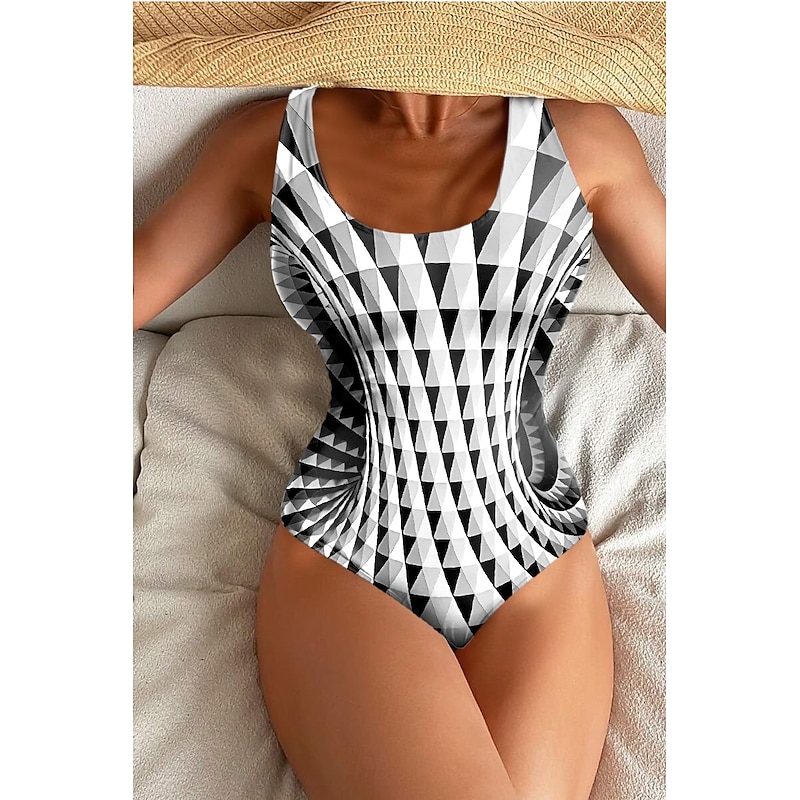Women's Swimsuits One Piece Monokini Swimsuit Backless Tummy Control High Waist Slim Vacation Beach Wear Geometric U Neck Sleeveless Bathing Suits