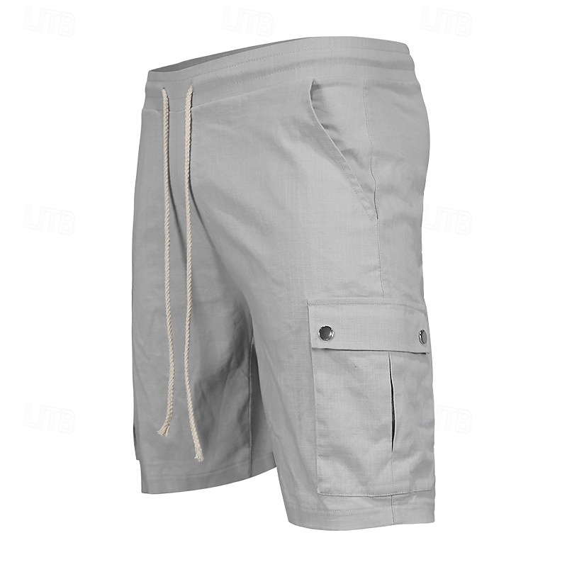 Men's Cargo Shorts Shorts Linen Shorts Summer Shorts Beach Shorts Drawstring Elastic Waist Multi Pocket Plain Comfort Breathable Knee Length Outdoor Daily Going out Fashion Classic Style Black Sky2