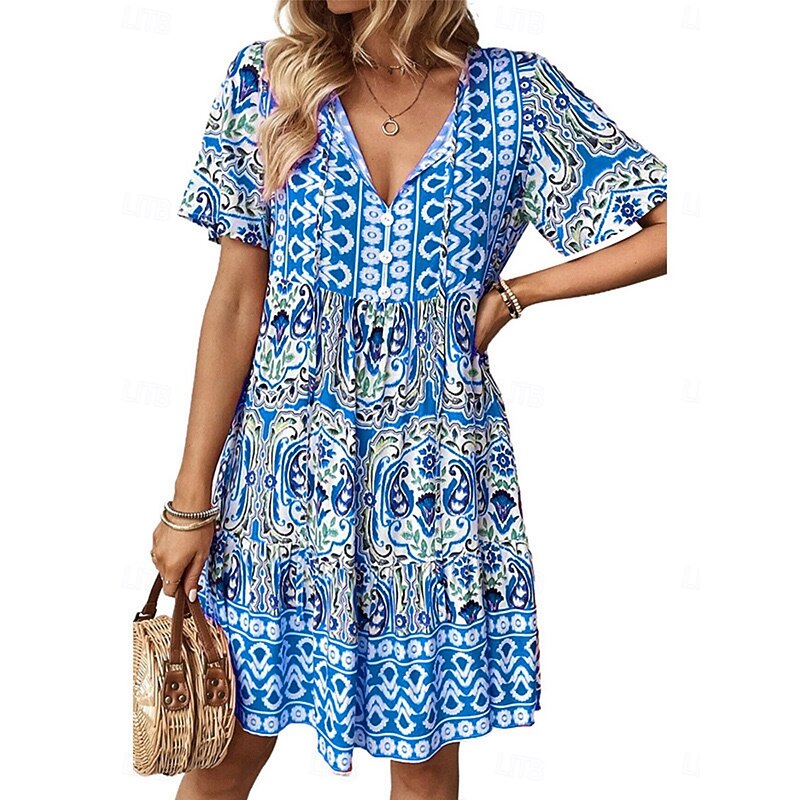 Women's Mini Dress Petite Dress Casual Dress Boho Chic Dresses Boho Dress Bohemia Cute Ethnic Vacation Daily Beach Loose Fit Floral Graphic Short Sleeve V Neck Blue Orange Summer Spring2