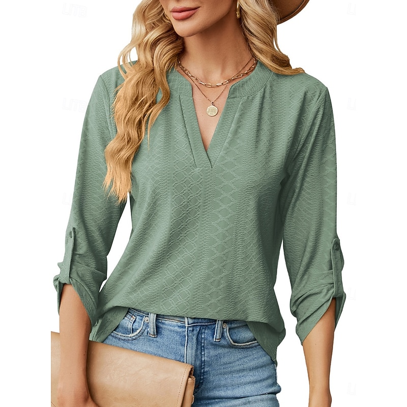 Women's Shirt Blouse Solid Color Basic Casual Long Sleeve Notched Neck Regular Tops Daily Pink Wine Green Summer Spring