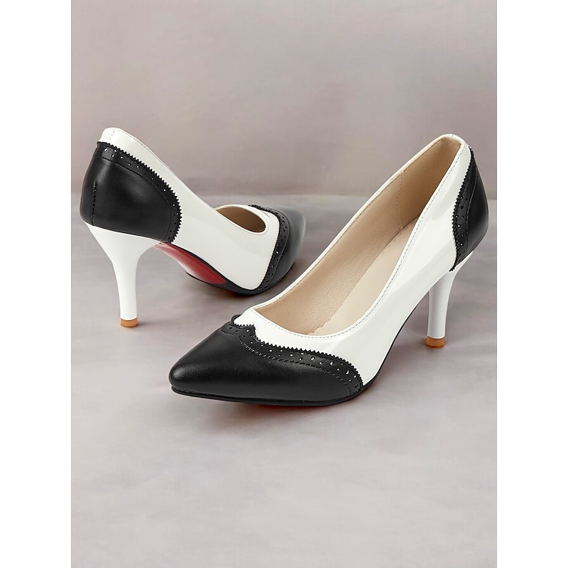 Women's Elegant Retro-Inspired Black and White Patent Faux Leather Pumps with Stiletto Heel - Perfect for Weddings and Special Occasions2