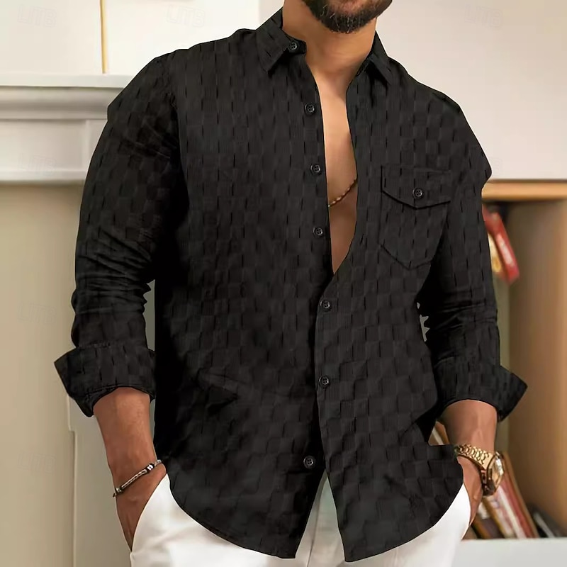 Men's Shirt Summer Shirt Casual Shirt Button Up Shirt Untucked Shirts Black White Light Green Blue Dark Green Long Sleeve Plain Lapel Vacation Hawaiian Front Pocket Clothing Apparel Fashion Casual3