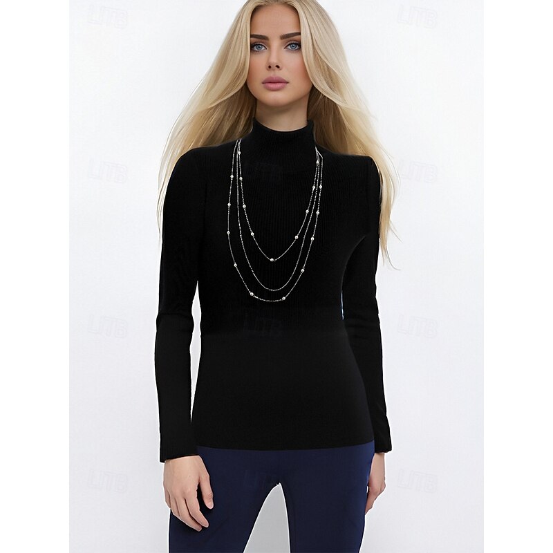 Layered Gold Necklace with Faux Pearl Accents – Elegant Long Chain Jewelry for Women, Perfect for Parties, Weddings, and Formal Events2