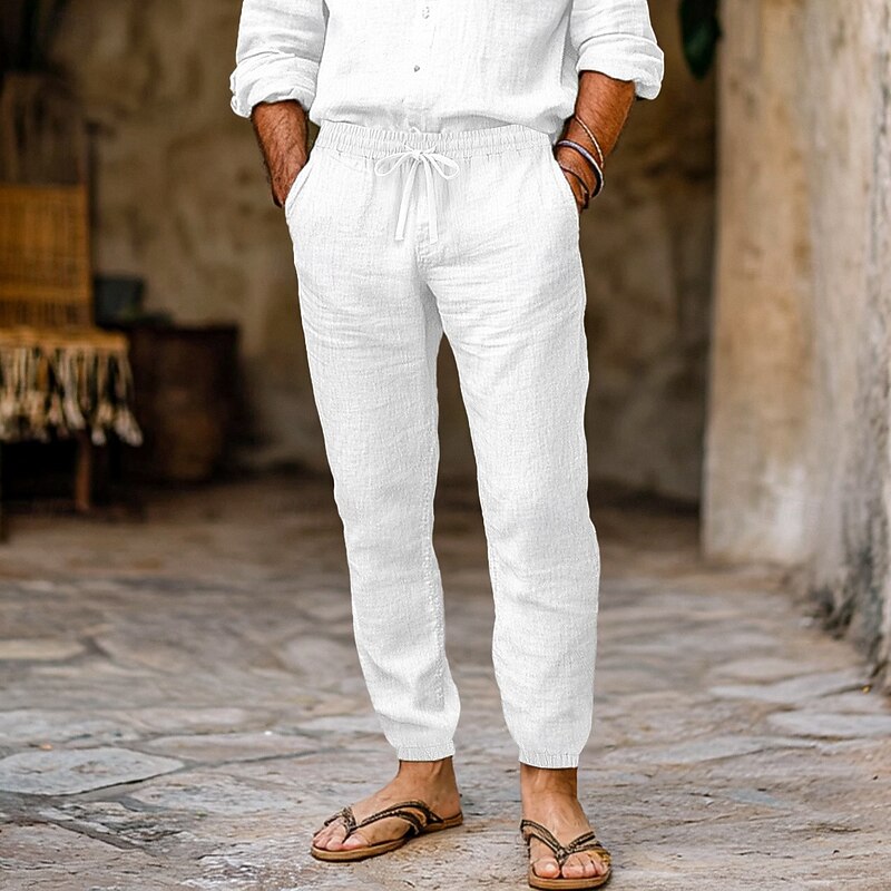 Men's Linen Pants Trousers Summer Pants Elastic Waist Straight Leg High Rise Solid Color Comfort Breathable Full Length Streetwear Simple Retro Vintage Black White High Waist Inelastic