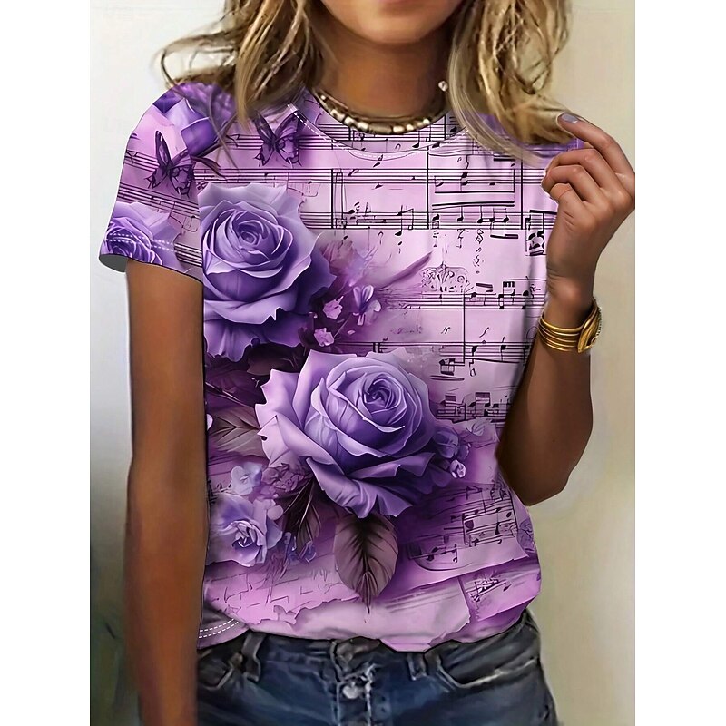 Women's T Shirt Floral Casual Short Sleeve Round Neck Regular Tops Daily Print Yellow Purple Summer2
