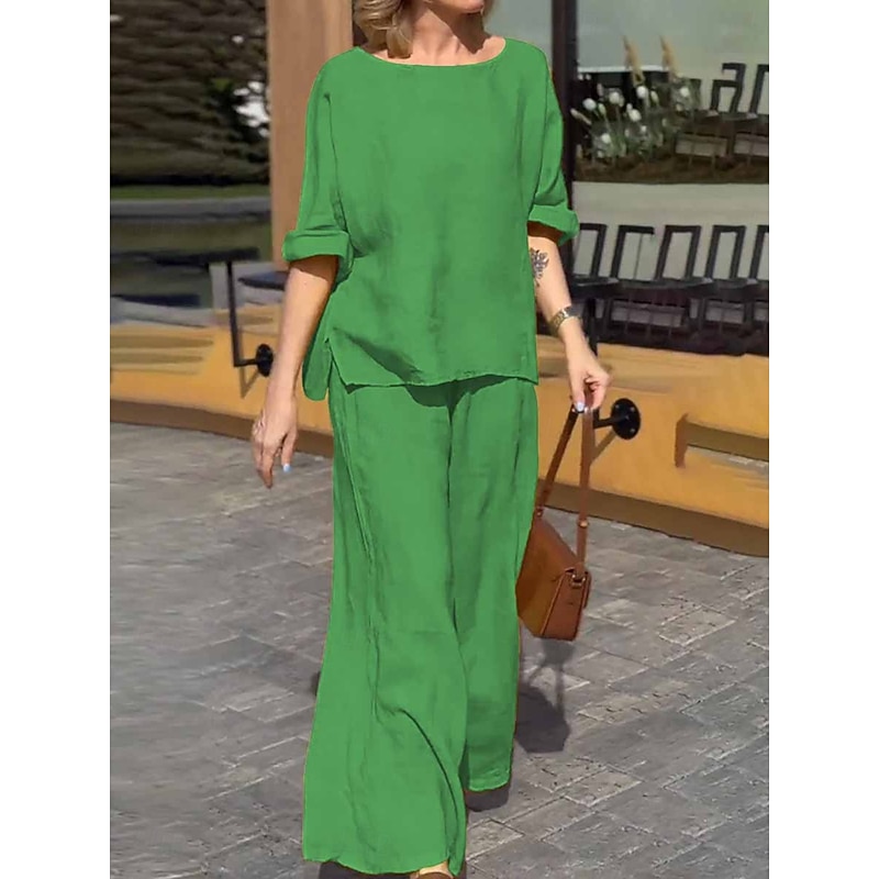 Women's Fashion Streetwear Daily Shirt Blouse Wide Leg Pants Long Sleeve Crew Neck Plain Casual Daily Yellow Blue Green Spring &  Fall Regular Fit3