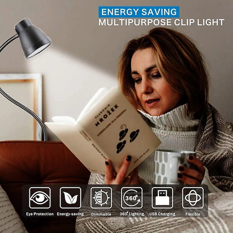 LED Metal Clip Table Lamp Reading Light with Three Color Schemes for Reading - USB Powered Night Lights, Bedroom Bedside Lights 1PC3