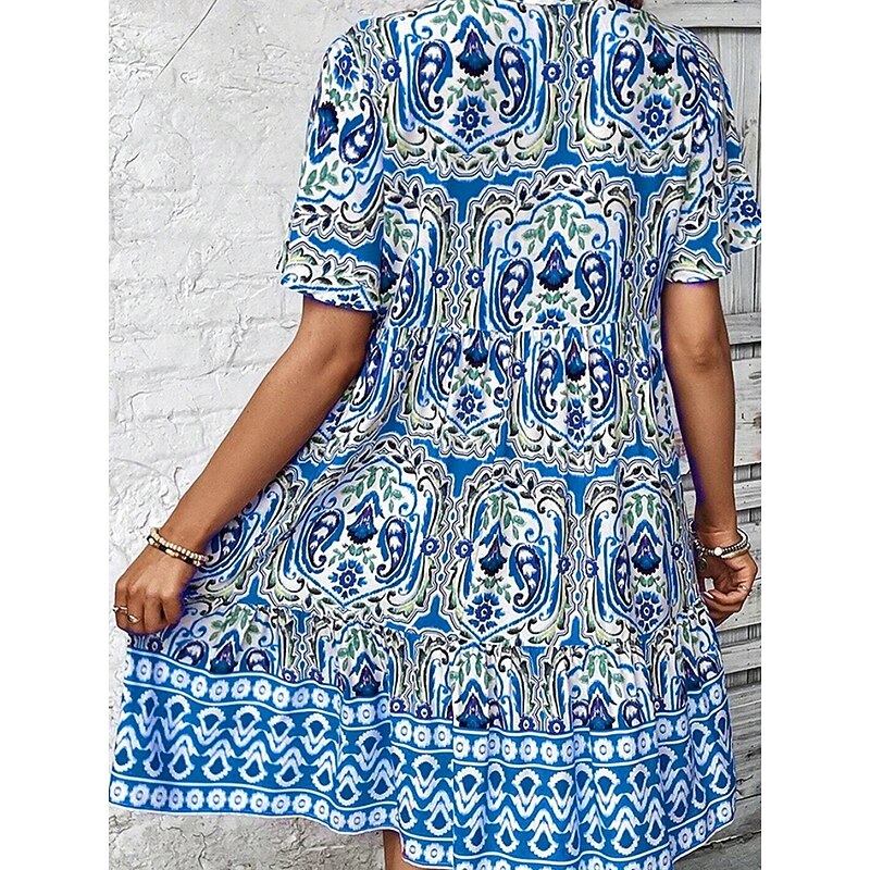 Women's Mini Dress Petite Dress Casual Dress Boho Chic Dresses Boho Dress Bohemia Cute Ethnic Vacation Daily Beach Loose Fit Floral Graphic Short Sleeve V Neck Blue Orange Summer Spring3