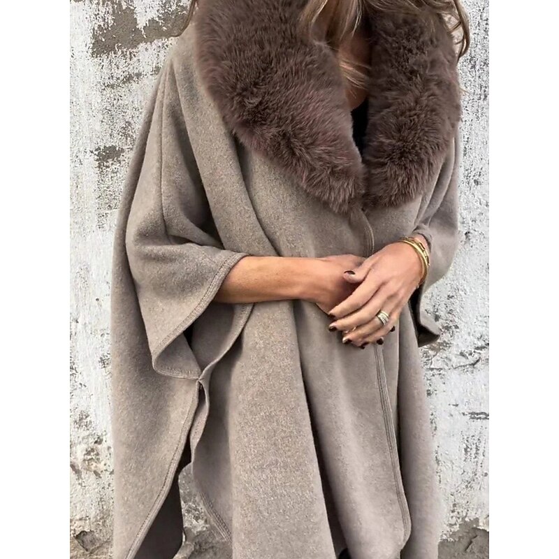 Women's Cloak / Capes Outdoor Street Daily Fall Winter Regular Coat Regular Fit Warm Breathable Comtemporary Stylish Jacket 3/4 Length Sleeve Solid Color Fur Collar Black Khaki Gray3