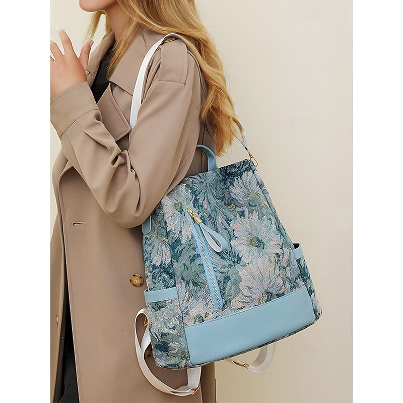 Retro Floral Fabric Backpack for Women – Bohemian Multi-Way Convertible Bag with Artistic Pattern, Great for Commuting, Shopping, or Weekend Outings2