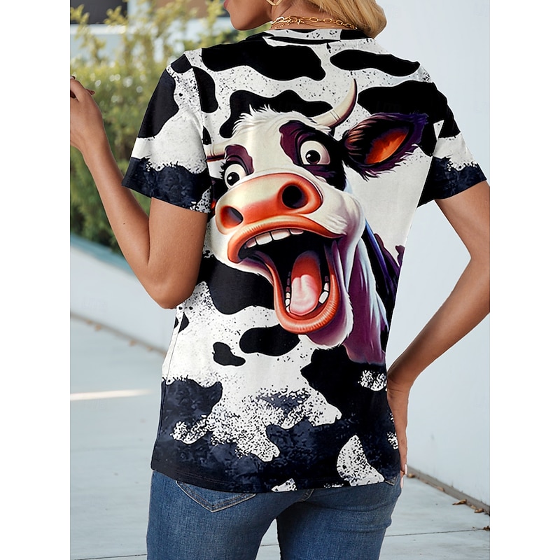 Women's T Shirt Cow Casual Short Sleeve Round Neck Regular Tops Daily Print White Summer2
