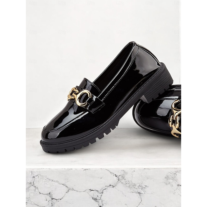 Women's Trendy Black Patent Leather Loafers with Chunky Sole and Metal Chain | Perfect for Casual and Dressy Occasions3