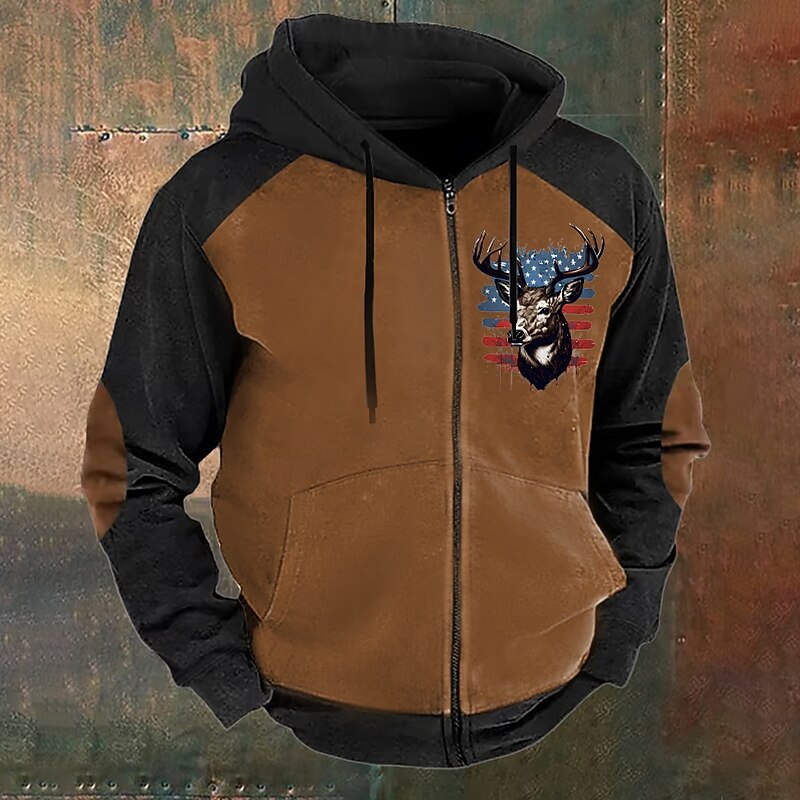 Men's Camo Deer Hoodies Fashion Daily Long Sleeve Hooded Vacation Hunting Brown Green Drawstring Zipper Fall Winter Designer