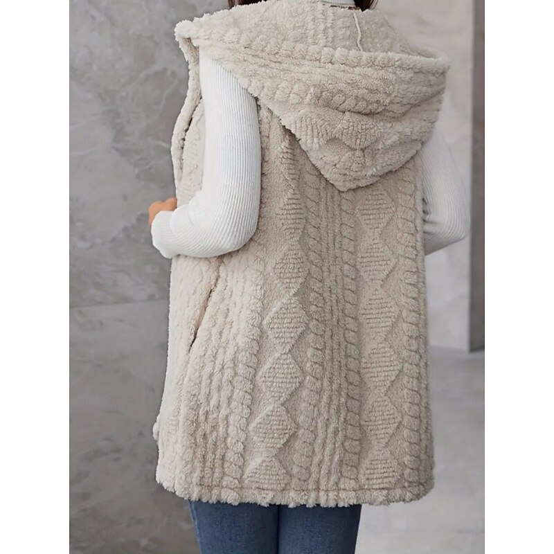 Women's Fleece Vest Warm Breathable Fleece Lined Casual Plain Vacation Street Daily Wear Going out Open Front Regular Hoodie Regular Fit Sleeveless Outerwear Apricot Fall Winter2