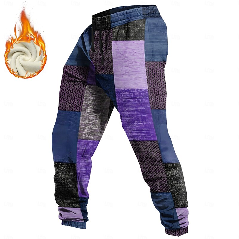Men's Color Block Patchwork Geometric Pattern Fleece Sweatpants Drawstring Elastic Waist Vintage Casual Outdoor Holiday Streetwear Warm Fleece Lined Thermal Winter 3D Print Red Blue Purple4