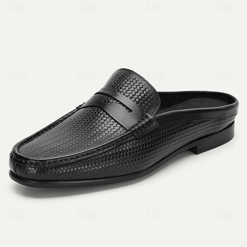 Men's Black Premium Cowhide Leather Woven Mule  – Comfortable Formal Footwear for Business and Special Occasions3