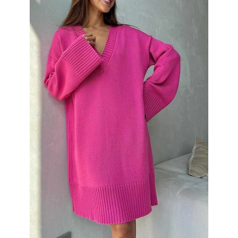 Women's Sweater Sweater Dress Casual Soft Pure Color Ribbed V Neck Knitted Long Sleeve Long Tops Knit Outdoor Daily Weekend Black Fuchsia Fall Winter4