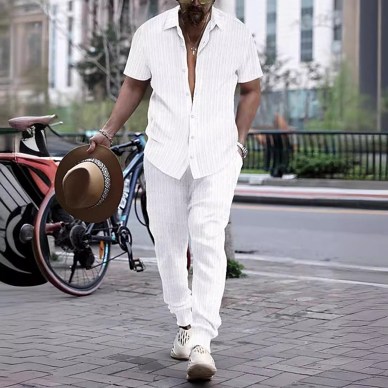 Men's 2 Piece Shirt Set Matching Sets Casual Shirt Button Up Shirt White Pink Dark Navy Green Short Sleeve Plain Collar Vacation Daily Clothing Apparel Fashion Casual