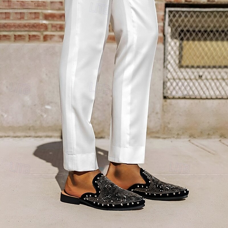 Men's Black Studded Slip-On Loafers – Rhinestone Embellished Mules with Bold Design for Party and Evening Wear2