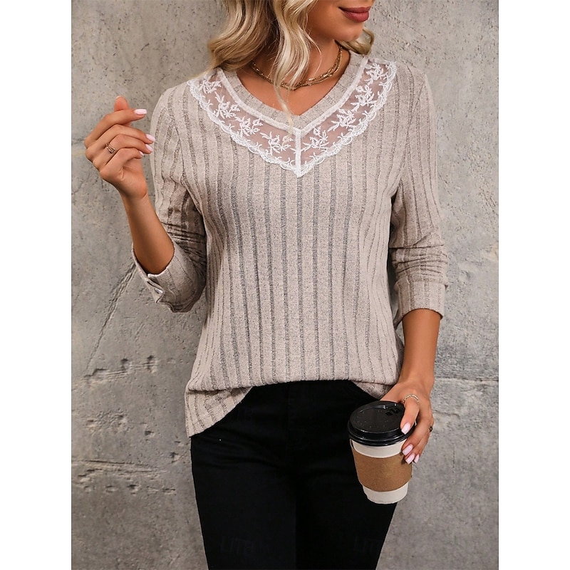 Women's Elegant Lace Tops Eyelet Blouse Casual Solid Color Regular Tops Long Sleeve V Neck Lace Patchwork Regular Fit Daily Romantic Petite Tops Summer Holiday Wear Gray Semi Formal Blouses4