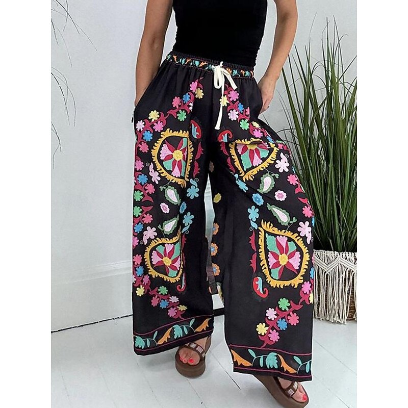 Women's Wide Leg Chinos Fashion Streetwear Full Length High Waist Floral Pocket Elastic Waistband Comfy Soft Comfortable Micro-elastic Outdoor Street Black Spring &  Fall Regular Fit2