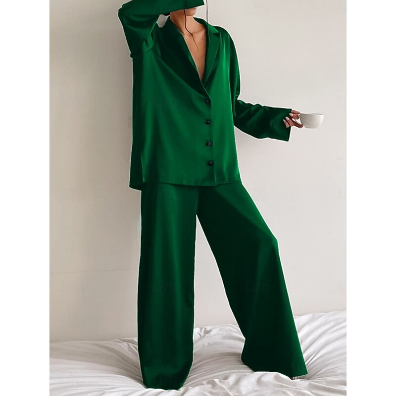 Women's Pajama Set Casual Comfort Pure Color Button Up Elastic Waist Shirt Pant Home Daily Long Sleeve Shirt Collar Black Green Summer Spring Fall Regular Fit