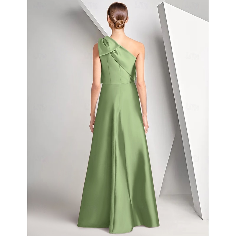 A-Line Evening Gown Elegant Dress Formal Wedding Ball Gown Floor Length Sleeveless One Shoulder Satin with Bow(s) Slit Embroidery2