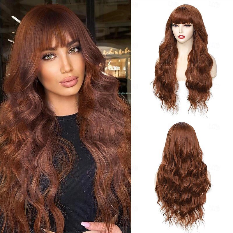 Long Wavy Wig With Bangs for Women Curly Wavy Wig With Bangs Natural Looking Synthetic Heat Resistant Fiber Wig for Daily Party Use