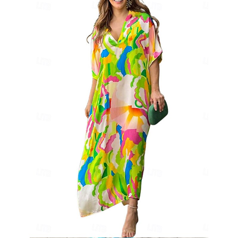 Women's Midi Dress Casual Dress Stylish Casual Vacation Party Work Loose Fit Graphic Short Sleeve V Neck Royal Blue Summer Spring Fall2