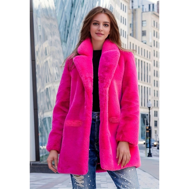 Women's Faux Fur Coat Warm Comfortable Pocket Knitting Elegant Fashion Daily Sweet Solid Color Home Casual Daily Wear Casual Daily Single Breasted Regular Lapel Slim Long Sleeve Outerwear Black White