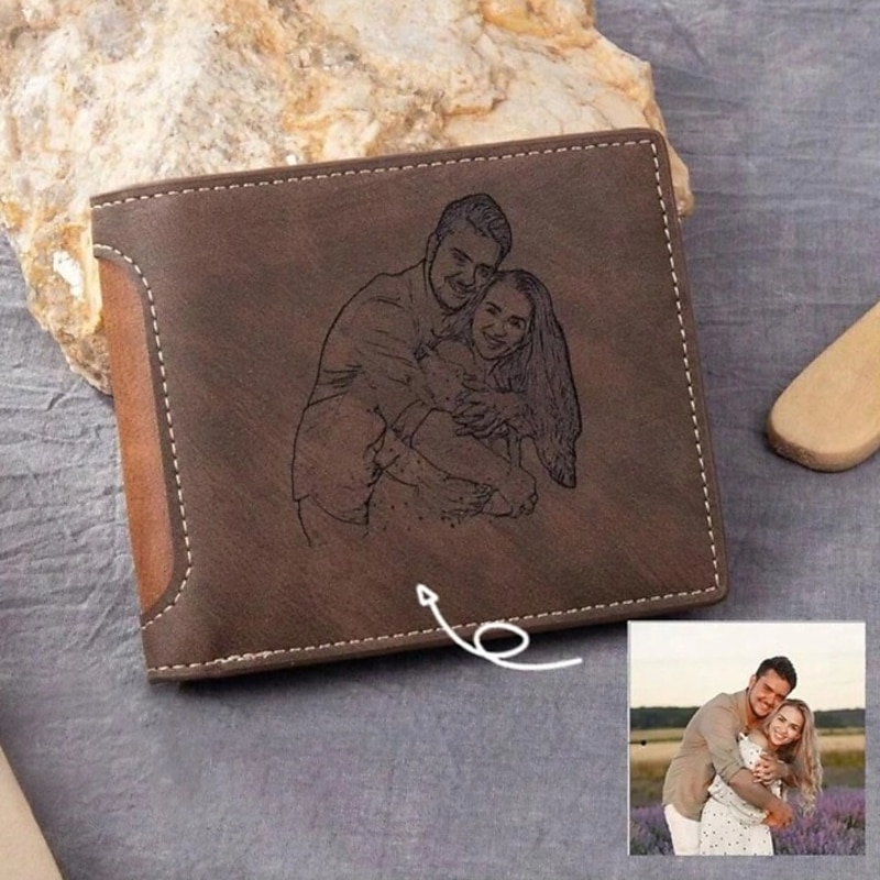 Personalized Photo Engraved Leather Wallet Custom Best Gift for Dad, Bifold Wallet for Men, Husband, Son, Father's Day, Birthday, Christmas