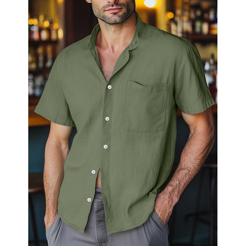 Men's Linen Shirt Band Collar Shirt Casual Shirt Plain Vacation Hawaiian Black White Yellow Pink Short Sleeve Henley Spring & Summer Clothing Apparel Front Pocket