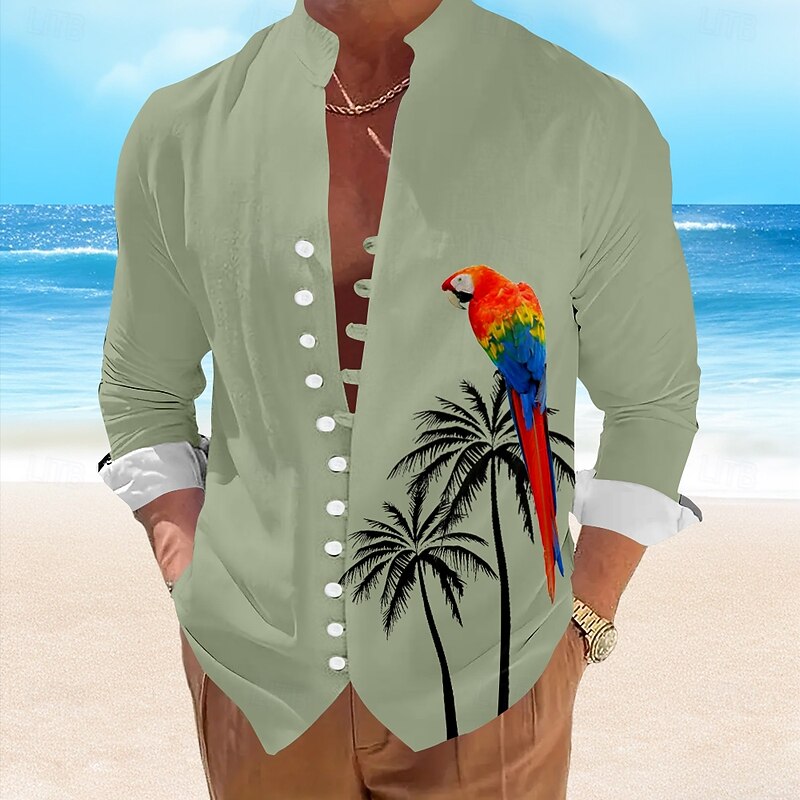 Men's Parrot Summer Hawaiian Shirt Aloha Shirt Long Sleeve Hawaiian Resort Vacation Summer Spring V Neck Button Up White Blue Green Beige3
