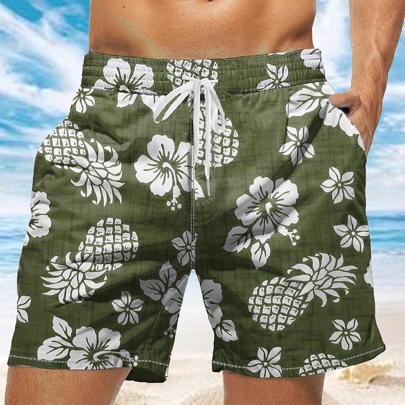 Men's Pineapple Tropical Flowers Swim Trunks Swim Shorts Board Shorts Mid Waist Tropical Streetwear Hawaiian Vacation Daily Holiday Drawstring Elastic Waist 3D Print Designer Clothing Apparel3