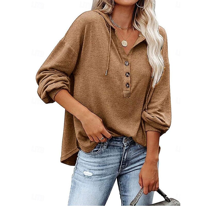 Women's Shirt Blouse Solid Color Basic Casual Long Sleeve Hooded Regular Tops Daily Buttons Sky Blue Khaki Gray Fall Winter2