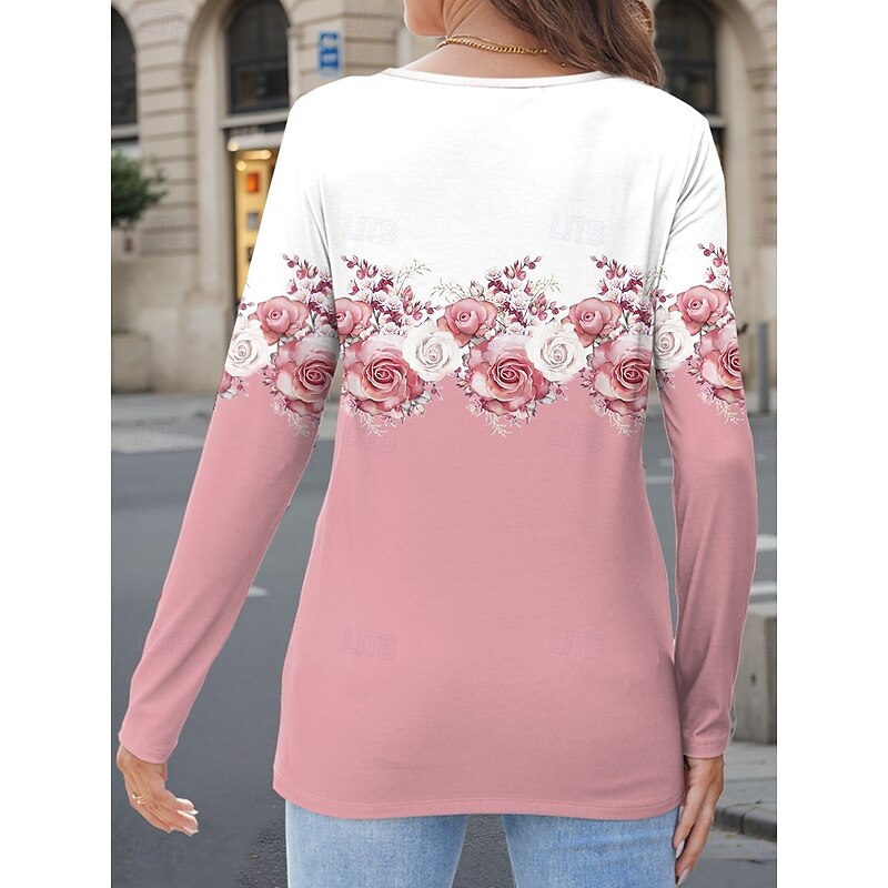 Women's T Shirt Floral Casual Long Sleeve Notched Neck Regular Tops Daily Print Pink Spring Fall2