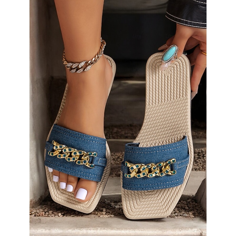 Women's Denim Slide Sandals with Gold  Embellishment, Casual Summer Flats with Cushioned Sole for Beach, Vacation, and Daily Wear3