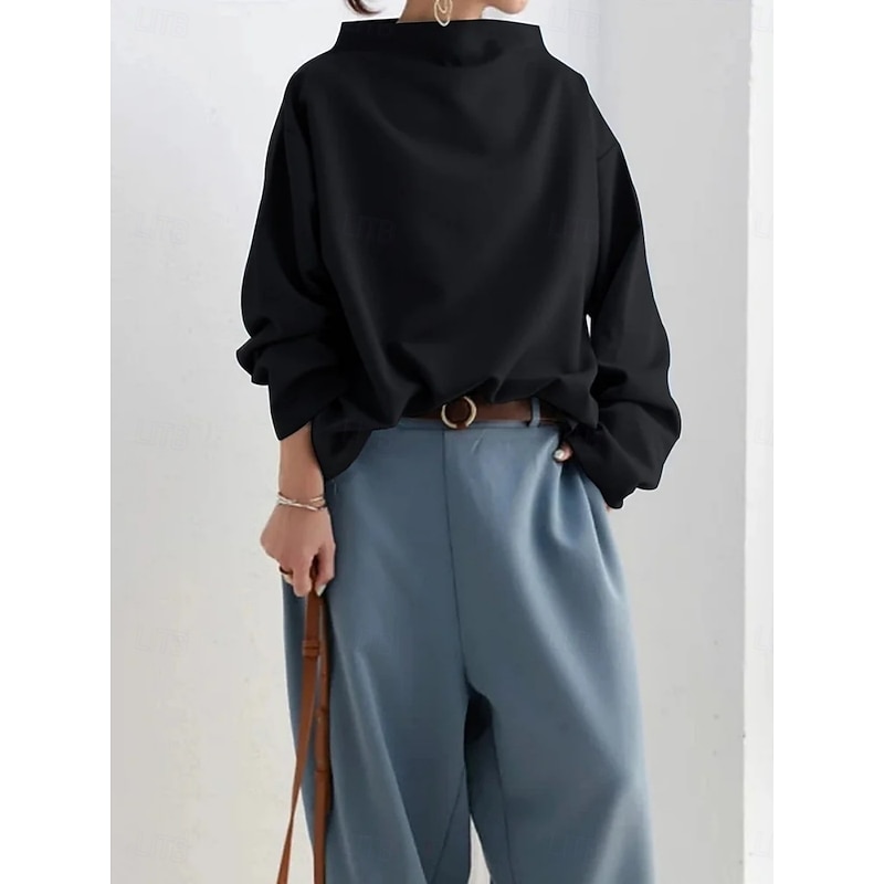 Women's Shirt Blouse Solid Color Basic Casual Long Sleeve Turtleneck Regular Tops Daily Black White Blue Spring Fall Winter2