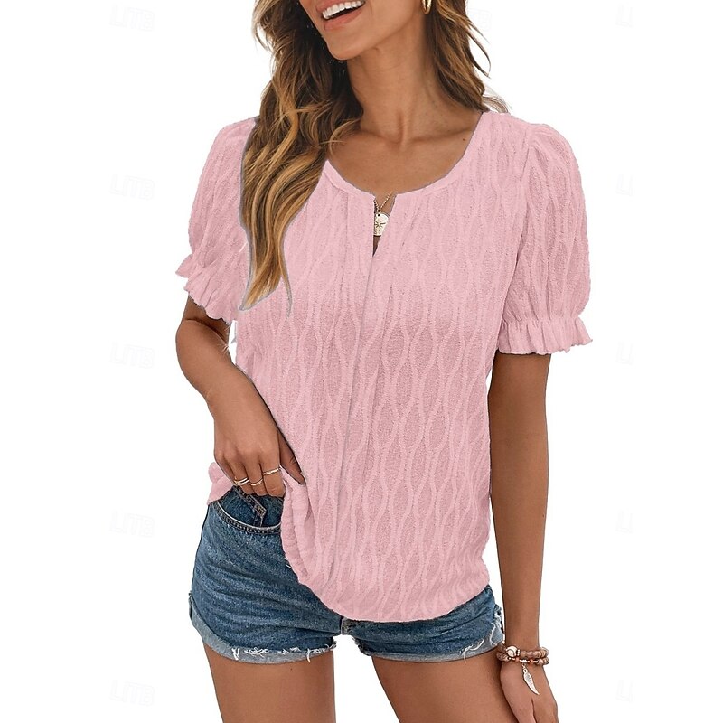 Women's White Elegant Lace Tops Eyelet Blouse Fashion Modern Casual Plain Regular Tops Short Sleeve V Neck Regular Fit Daily Weekend Romantic Petite Tops Summer Holiday Wear White Pink Blue Summer4