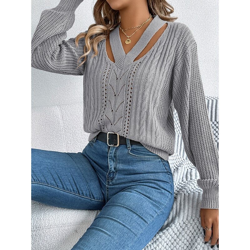 Women's Sweater Casual Soft Pure Color Ribbed V Neck Knitted Hole Long Sleeve Regular Tops Knit Outdoor Daily Weekend White Orange Fall Winter4