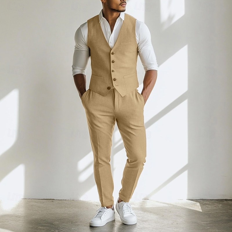 Men's Wedding Casual Linen Suits Brown Lightweight Casual Solid Colored Standard Fit 2 Piece
