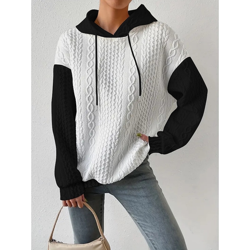 Women's Texture Sweatshirt Pullover Hoodie Sweatshirt Color Block Casual Long Sleeve Hooded Regular Tops Street Dailywear Patchwork Black Gray Spring Fall4