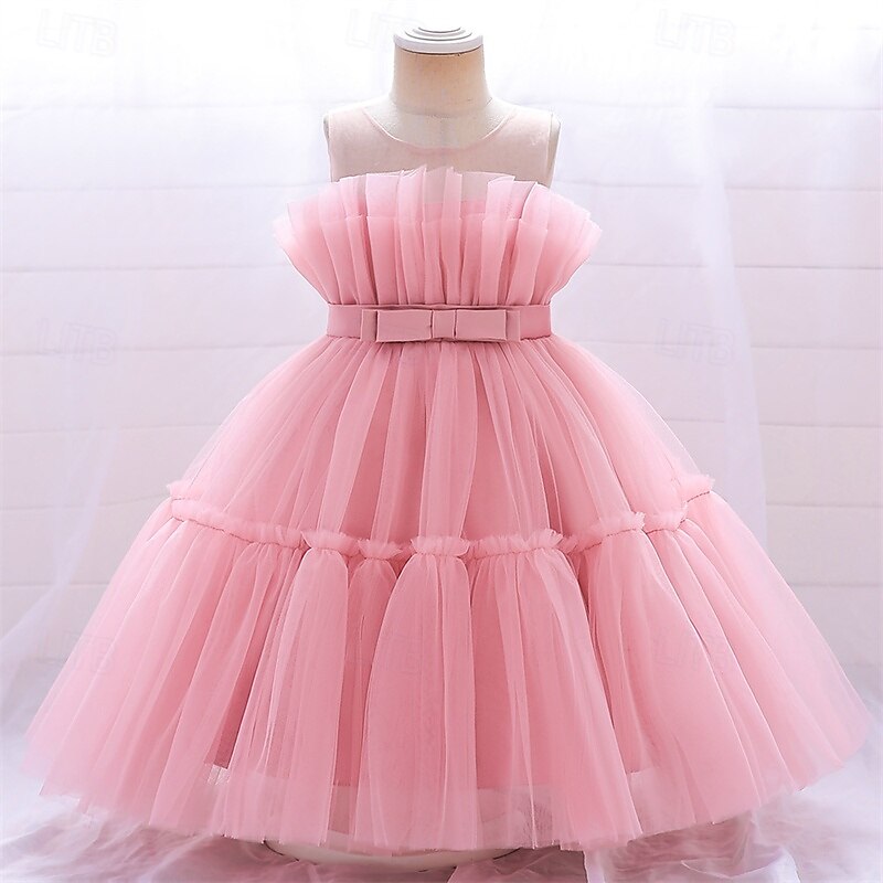 Flower Girl Dress Kid's Girls' Princess Dress Performance Wedding Party Elegant Beautiful Mesh Solid Color Sleeveless Crew Neck Pink Red 4 years+ - Main Image