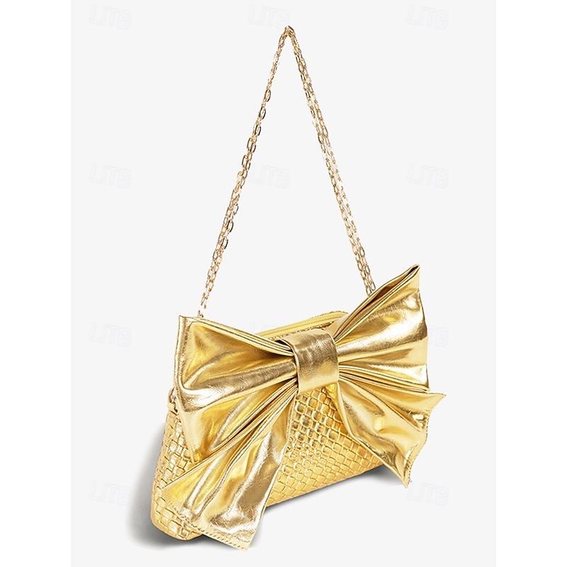 Women's Gold Faux Leather Clutch Bag with Oversized Bow Design, Textured Finish, Perfect for Evening Parties, Weddings, and Formal Events Silver Black Gold4