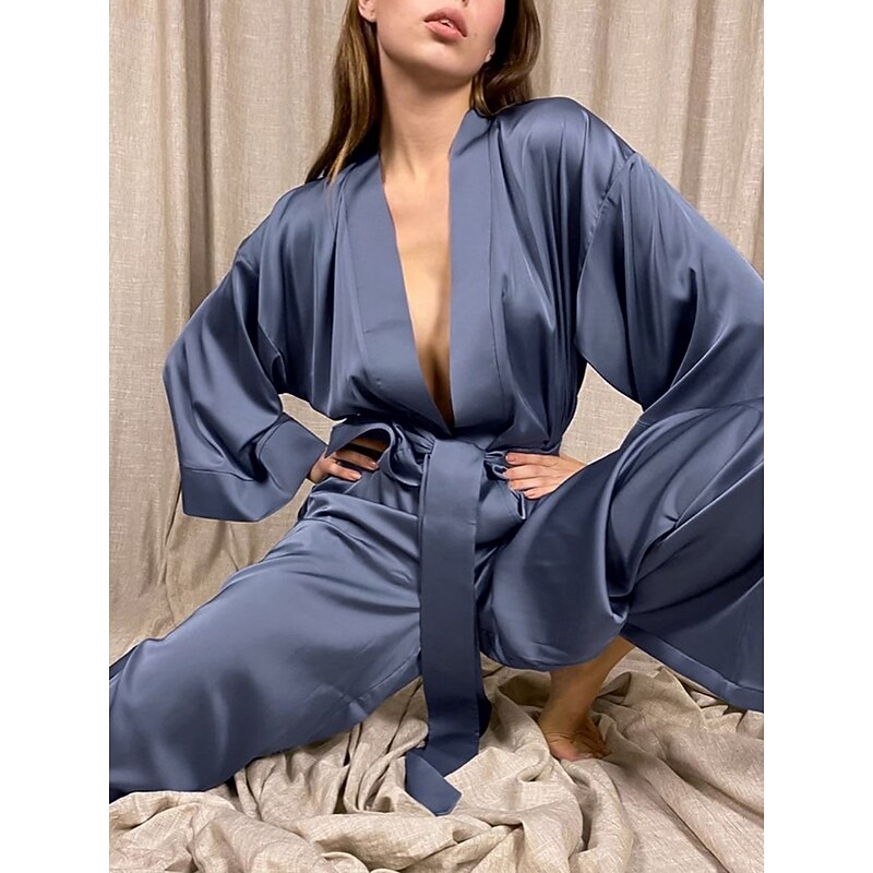 Women's Pajama Set Casual Comfort Pure Color Elastic Waist Robe Top Pant Home Daily Half Sleeve V Neck Black Blue Green Summer Spring Fall Regular Fit2