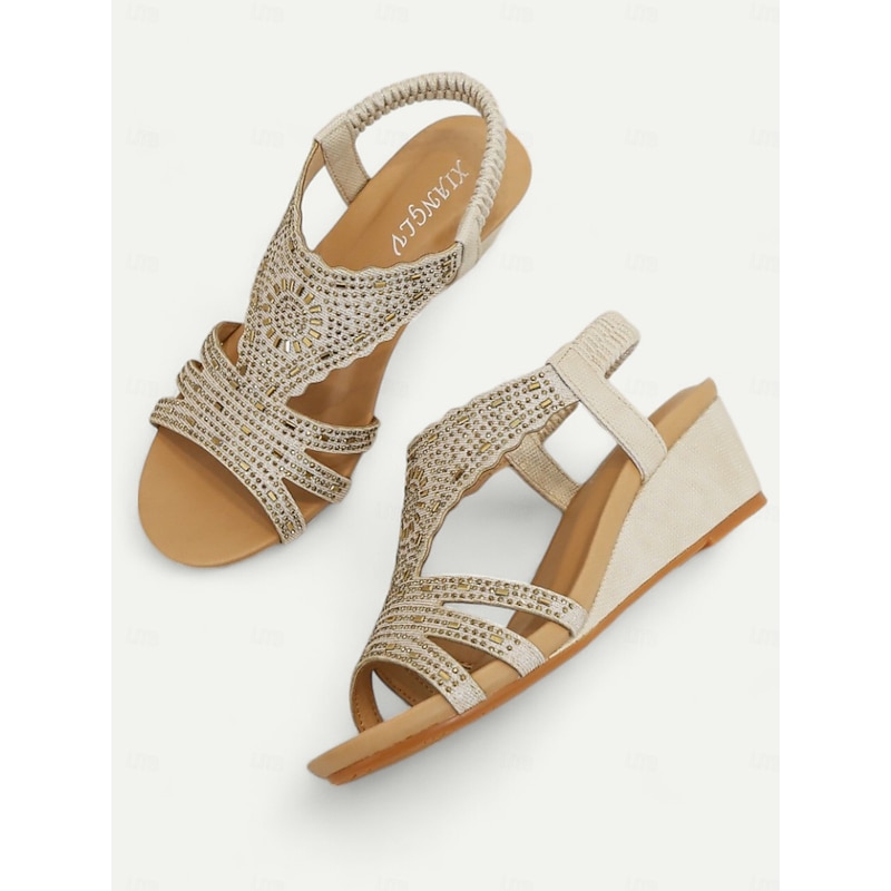 Women's Bohemian Rhinestone Wedge Sandals – Sparkly Elastic Strap Open-Toe Shoes for Summer, Beach, Casual & Evening Wear3